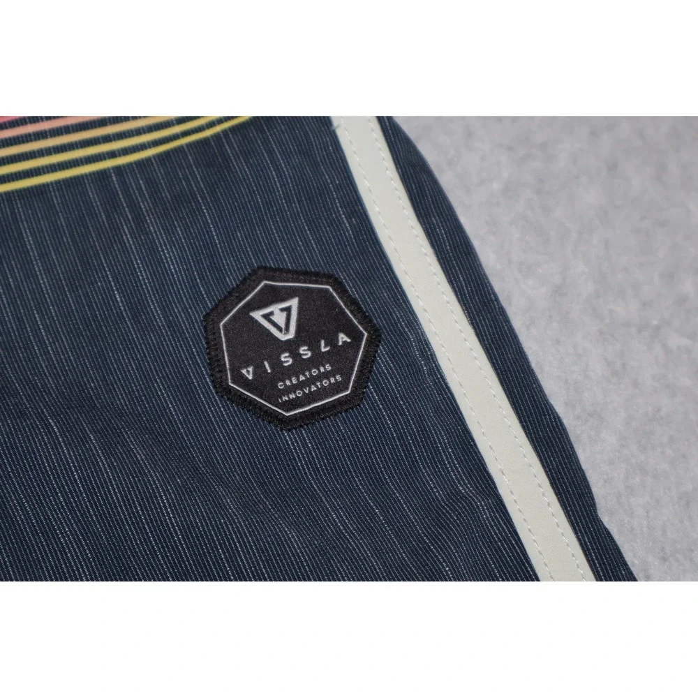 Vissla Board Shorts Mens 34 Blue Striped Upcycled Poly Cotton Stretch Surf Swim